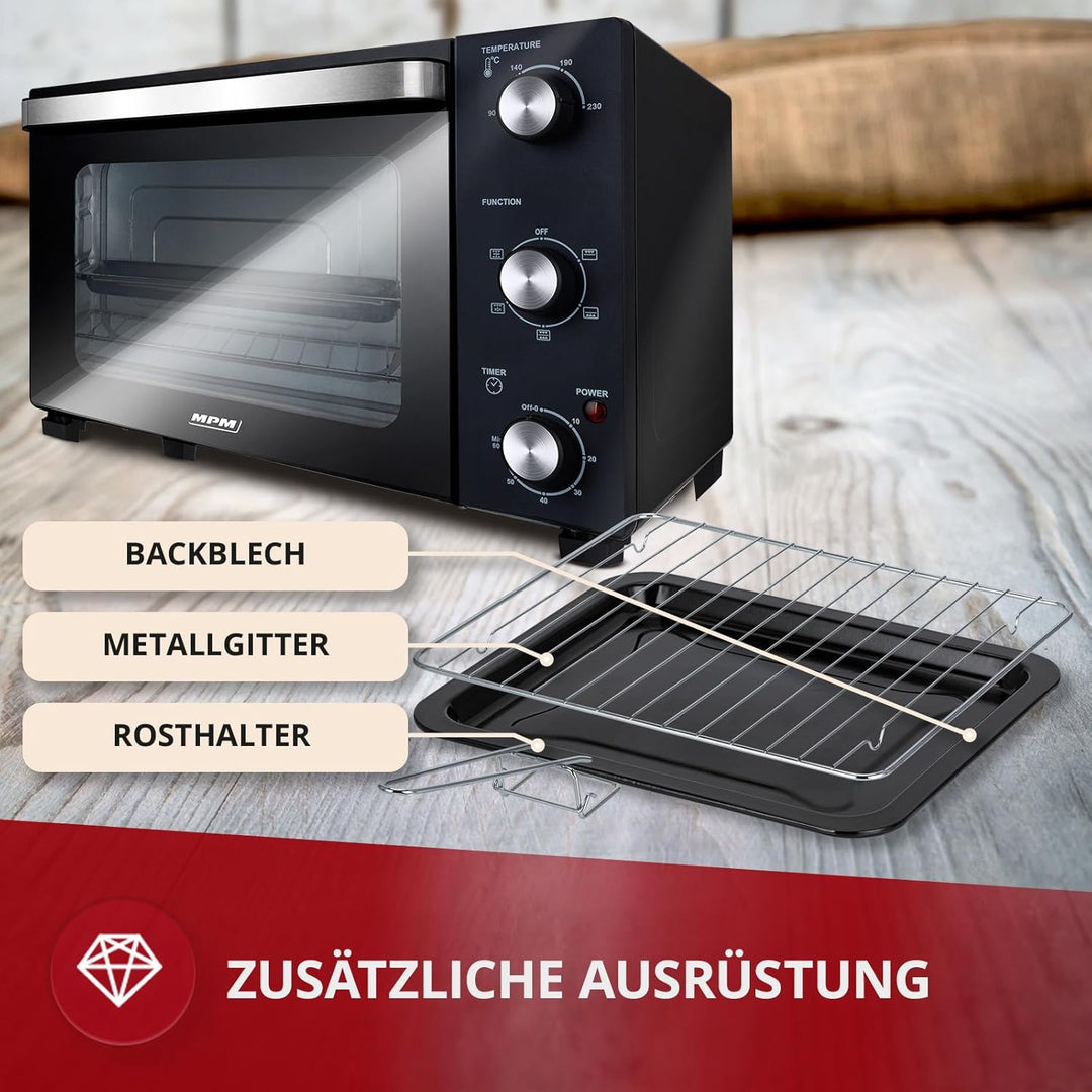 MPM Freistehender Elektrischer MPE-15/T - Ofen 28 Liter - Mini-Ofen mit Umluft und Timer 230°C - 150
