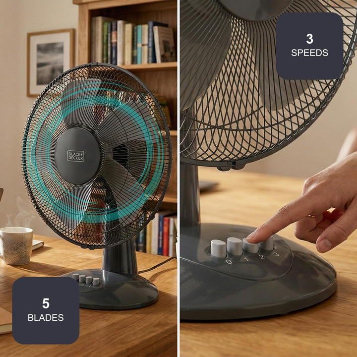 BLACK+DECKER - Tischventilator BXFD8000E + 45 W | 3 Stufen | Oszillation | 5 Flügel 40 cm | manuelle