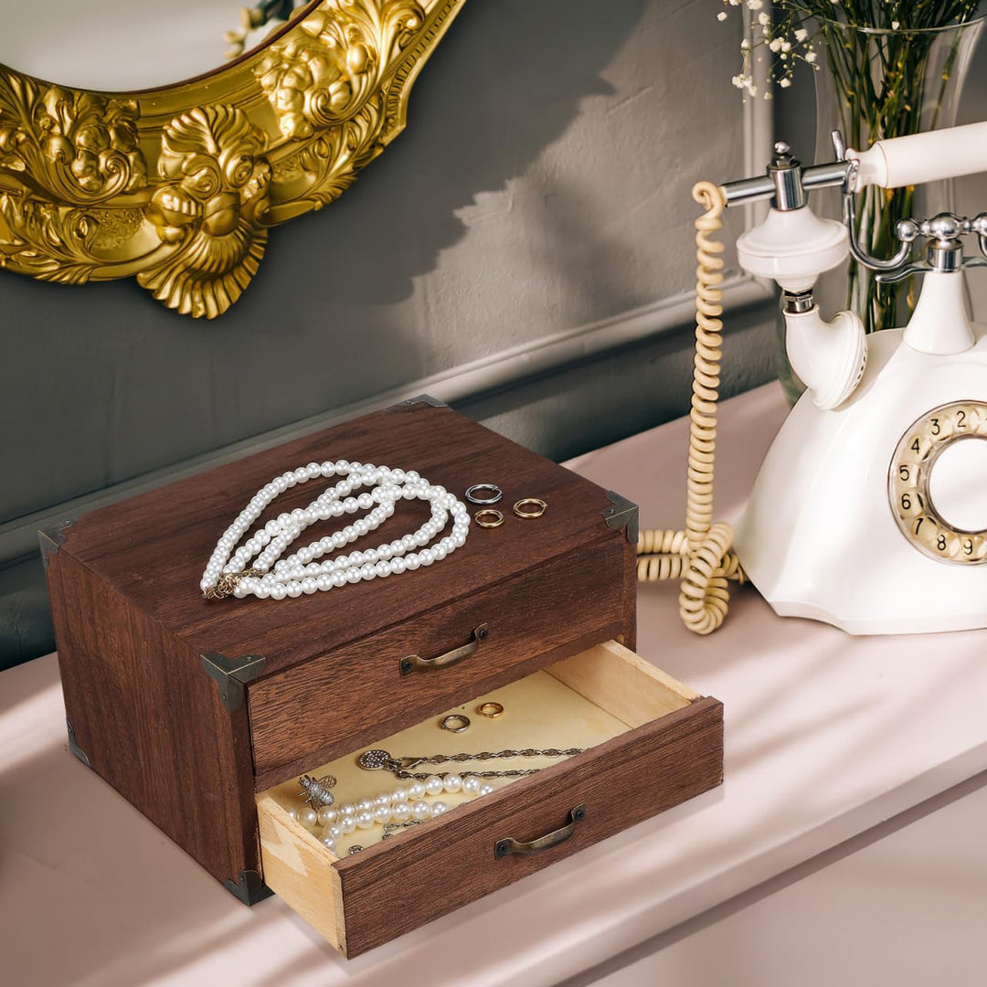 Kichvoe Holz Schubladenbox Vintage Desktop Aufbewahrungsbox Mit 2 Schubladen Für Schmuck Büro Und Zu