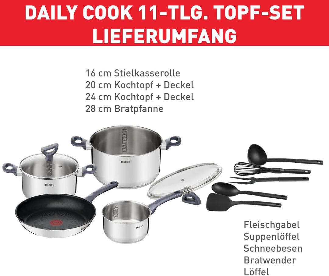 Tefal Daily Cook Kochgeschirr-Set – 11-teilig Juego 1 sartén y 3 ollas + acc, Juego 1 sartén y