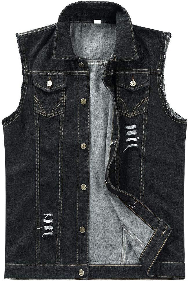 YOUTHUP Herren Denim Weste Zerreissendes Deko Fashion Casual Jeansweste für Freizeit #813 Schwarz S,