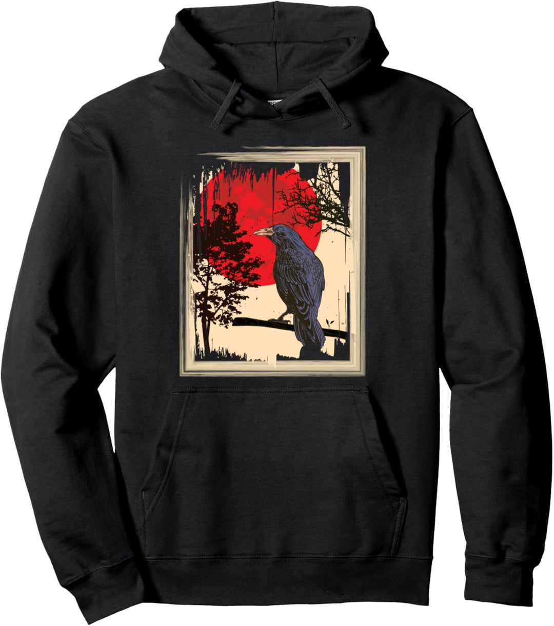 Gothic Red Moon Black Crow Pullover Hoodie