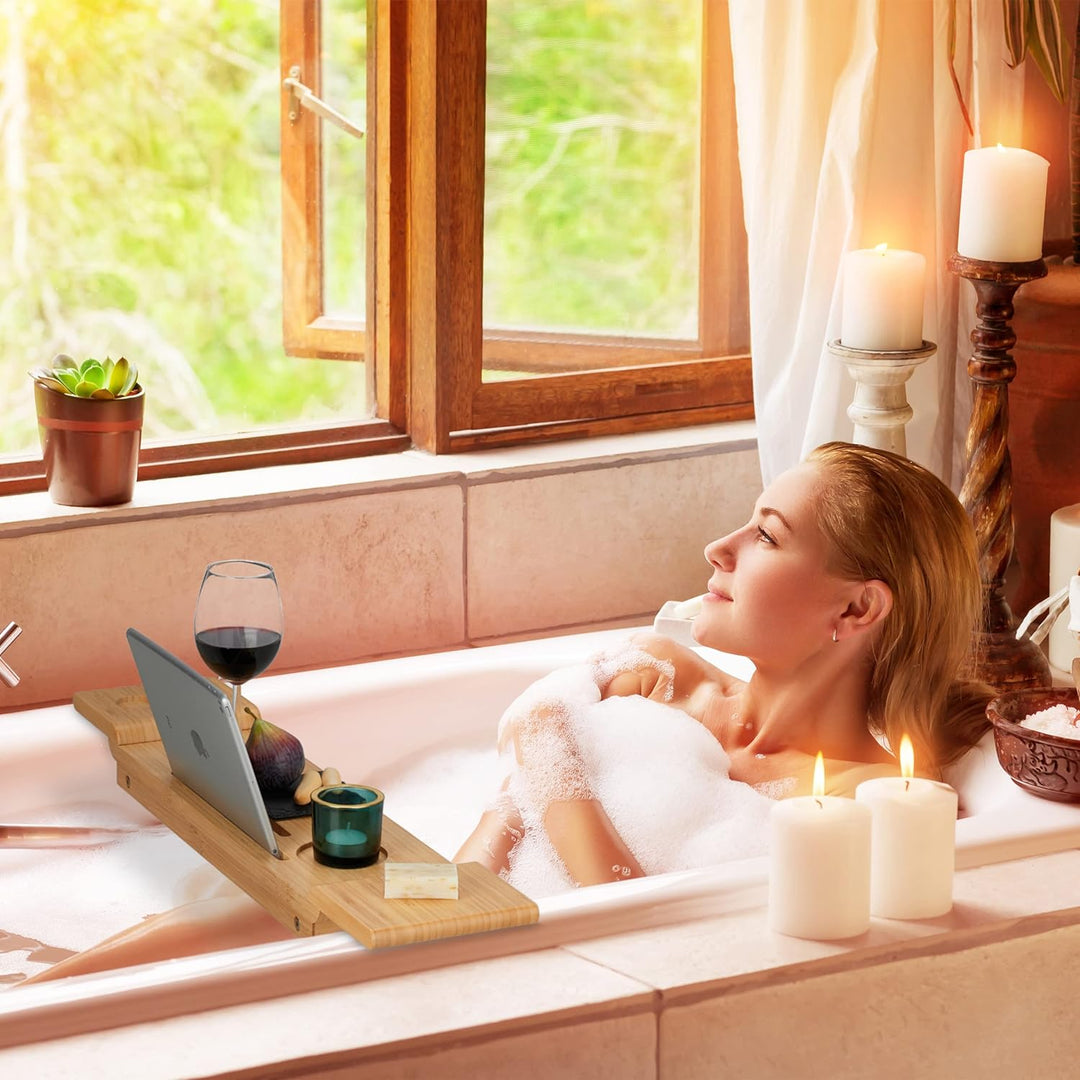 Relaxdays Badewannenablage Bambus, 70cm breit, Badetablett für Glas, Handy, Tablet, Badewannenbrett