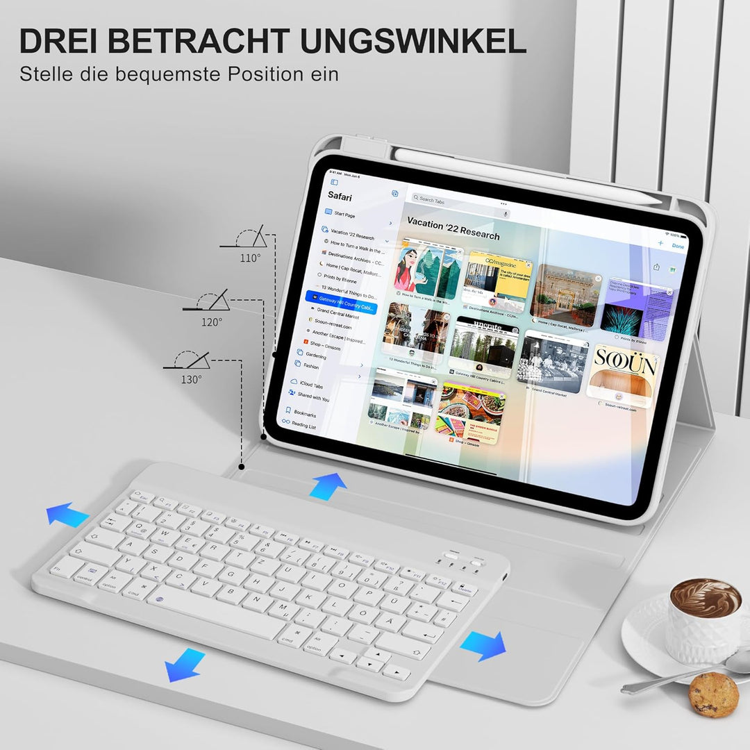 Hülle mit Tastatur für iPad A16 11/10 Generation (2025/2022, 11/10.9 Zoll) - QWERTZ Deutsches Layout