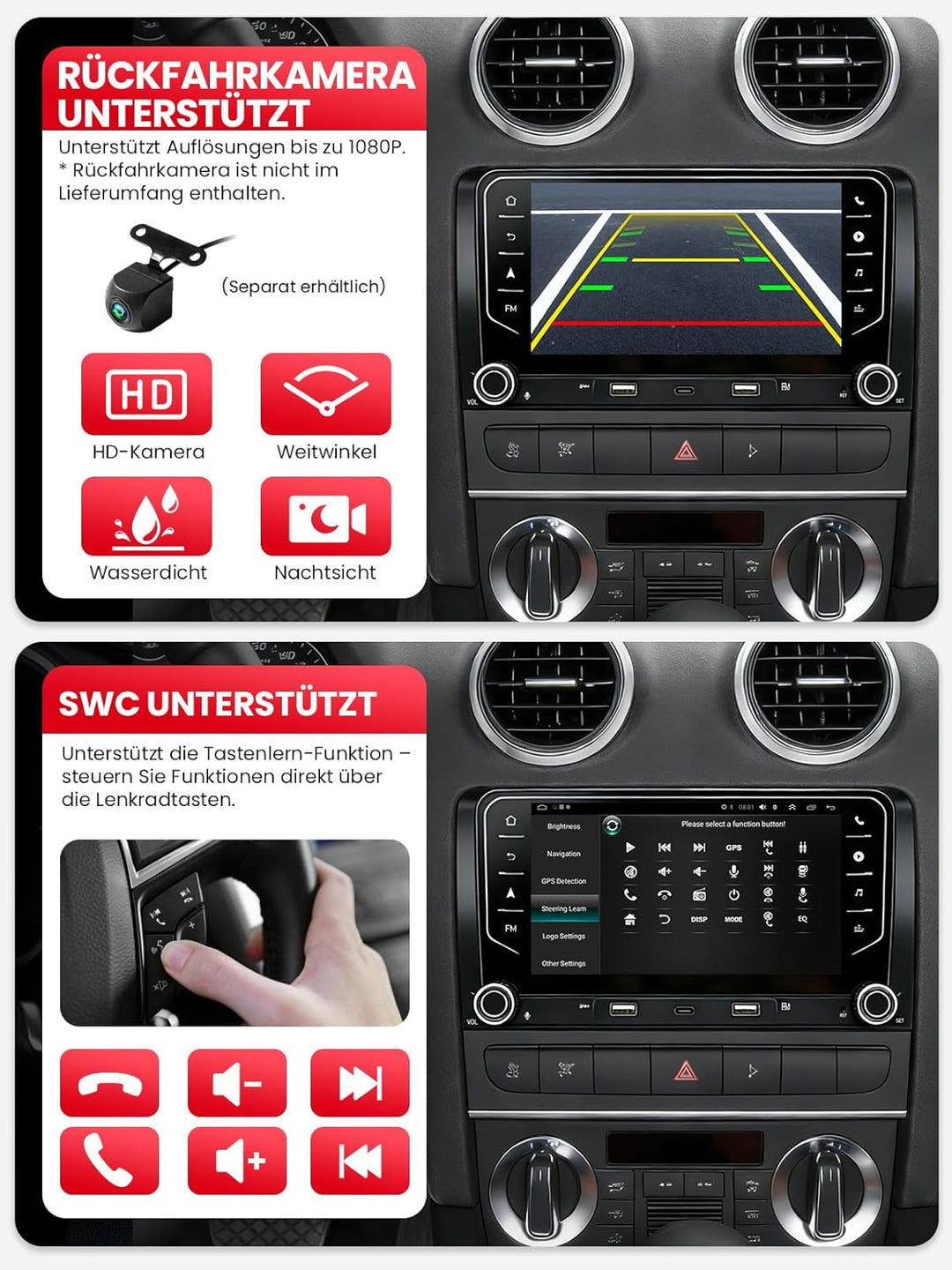 Doppel DIN Autoradio mit Bildschirm für Audi A3 (2003-2012), Wireless CarPlay &amp; Android Auto, 7" Aut