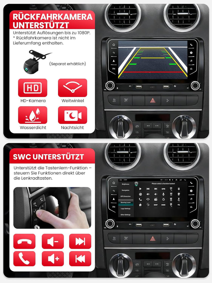 Doppel DIN Autoradio mit Bildschirm für Audi A3 (2003-2012), Wireless CarPlay &amp; Android Auto, 7" Aut