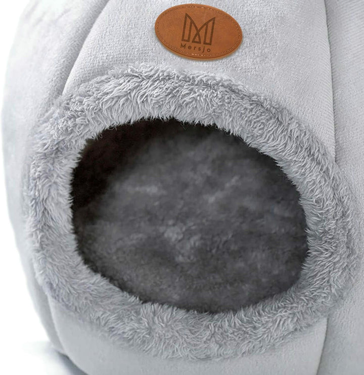 Katzenhöhle mit Ohren, Plüsch-Katzenbett, Grau-Weiss, rutschfeste Unterseite, Grau-weiß