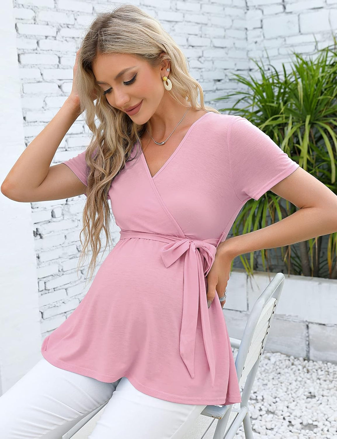 KOJOOIN Damen Stillshirt Schwangerschaftsshirt V-Ausschnitt Umstandsshirt Langarm Nursing Tops mit G
