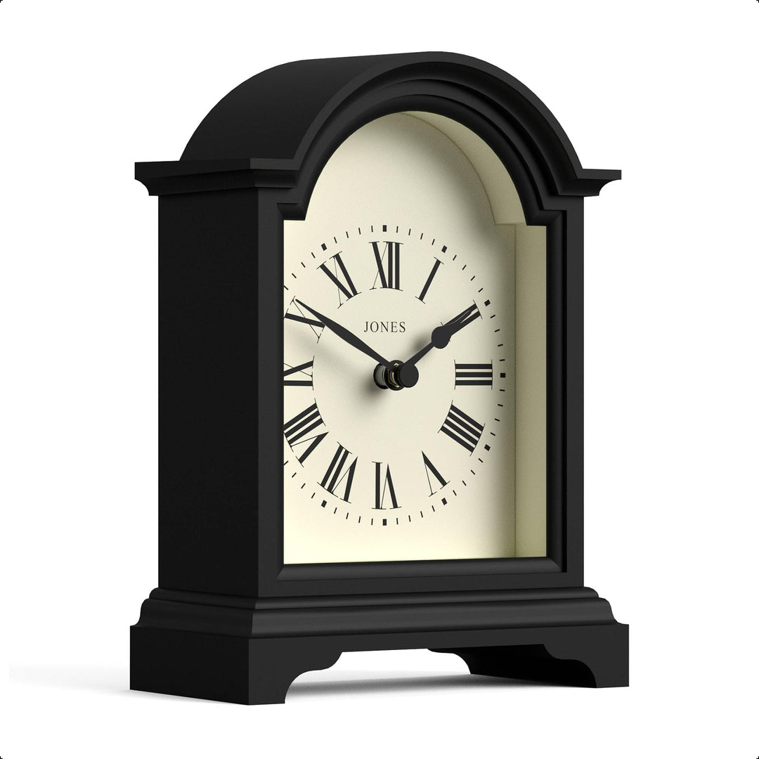 JONES CLOCKS® Kaminuhr 'Bistro' – klassisches Bogendesign in Schwarz, zeitgenössischer klassischer S