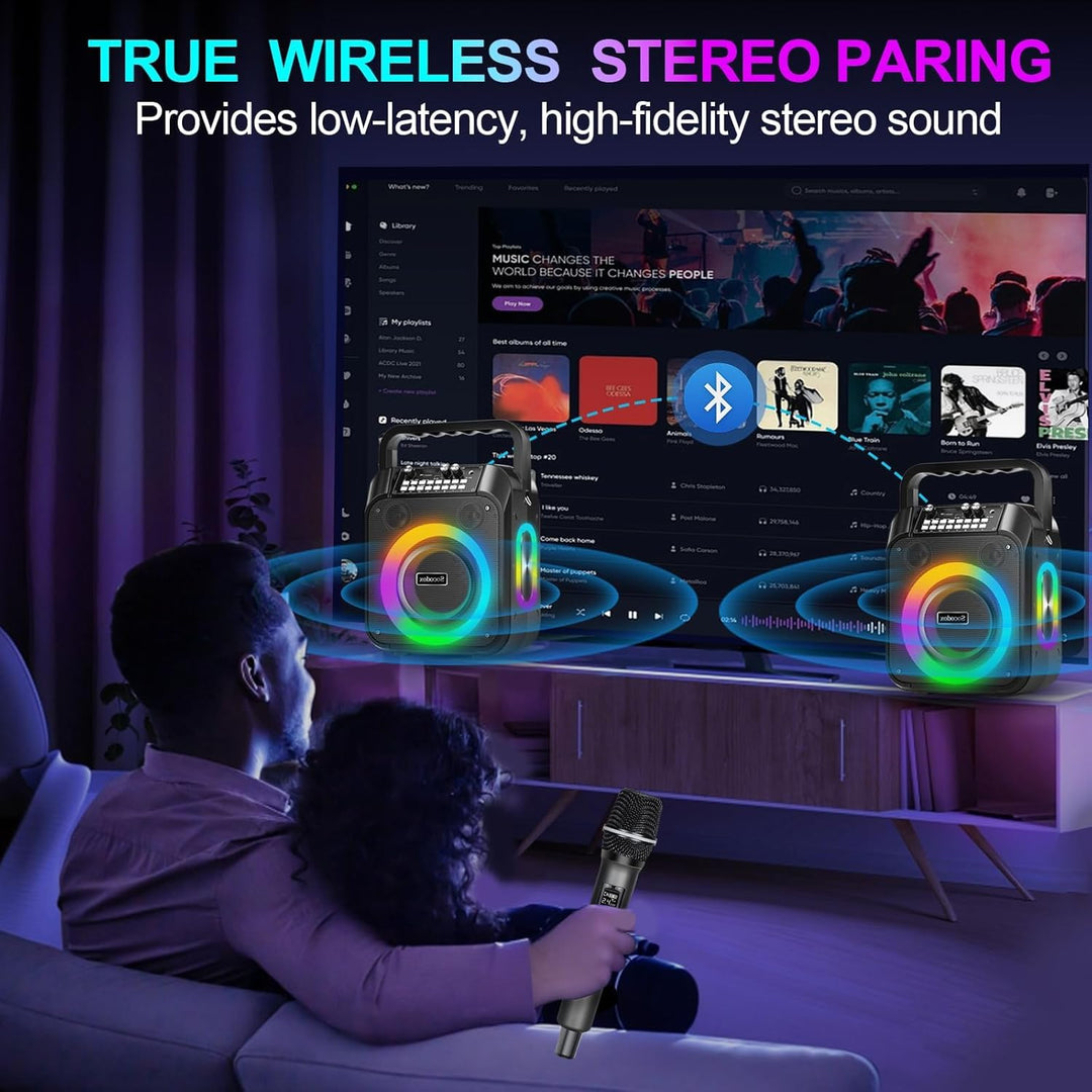 Karaoke Maschine,30W Tragbare Bluetooth Lautsprecher mit 2 Drahtlosen Mikrofon,6000mAh Akku 8H Spiel