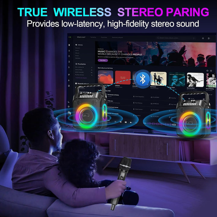 Karaoke Maschine,30W Tragbare Bluetooth Lautsprecher mit 2 Drahtlosen Mikrofon,6000mAh Akku 8H Spiel