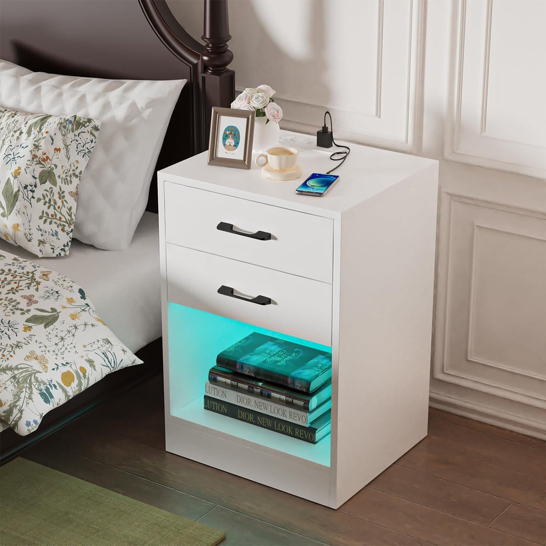 Lvhecforhm 2er Set Nachttisch Weiss, Nachttische mit Offenen Fächern Hochglanz Front, Nachttische mi