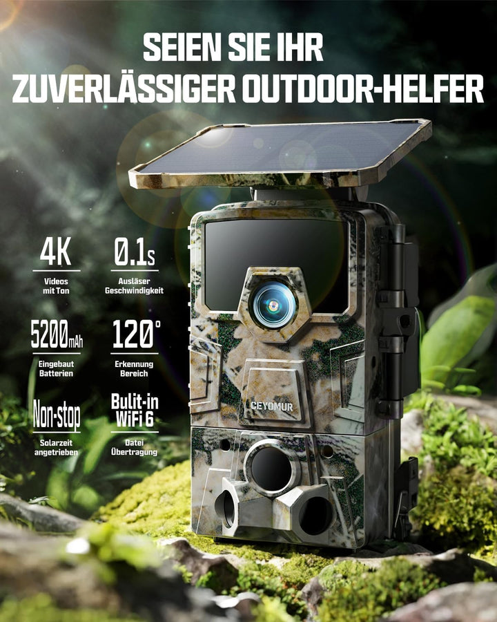 CEYOMUR Solar Wildkamera 4K 30fps, 46MP Wildkamera WLAN Bluetooth, 120° Erfassungs Winkel Bewegungsm