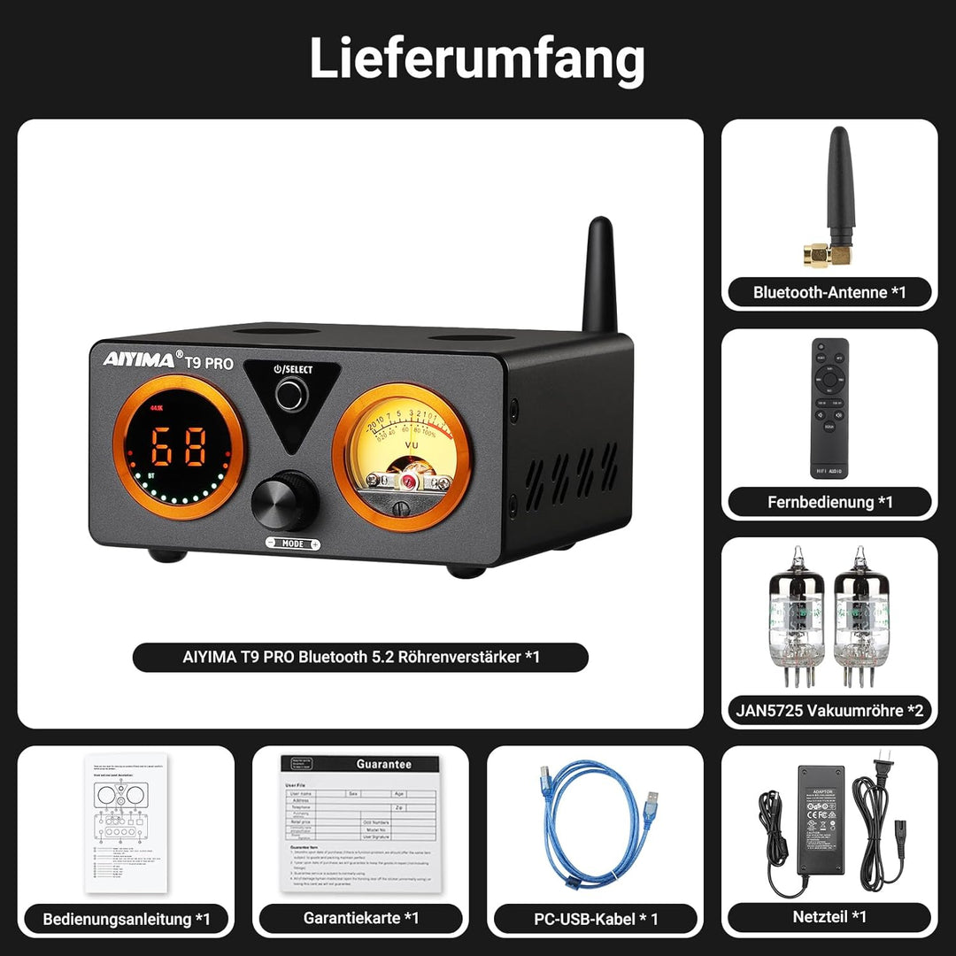 AIYIMA T9PRO JAN5725 Vakuumröhrenverstärker 100Wx2 TPA3250 Stereo-USB-DAC-Verstärker QCC3031 Bluetoo