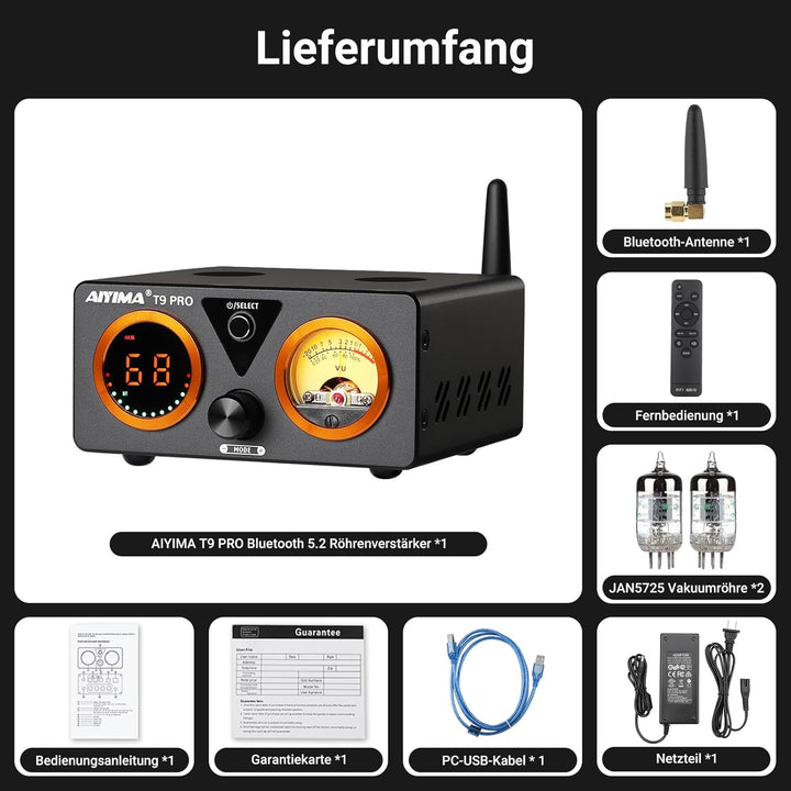 AIYIMA T9PRO JAN5725 Vakuumröhrenverstärker 100Wx2 TPA3250 Stereo-USB-DAC-Verstärker QCC3031 Bluetoo