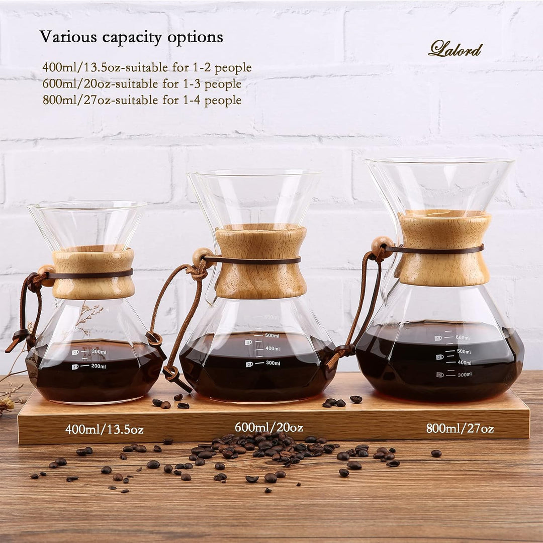 Lalord Pour Over Kaffeebereiter mit Edelstahlfilter, Borosilikatglas Kaffeekanne, Holzkragen, Kaffee