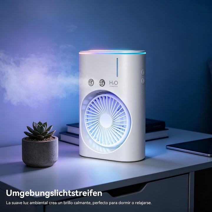 Tischventilator mit Sprühnebel, USB Aufladbarer Mini Ventilator mit 280ml Wassertank, 3 Windstufen,