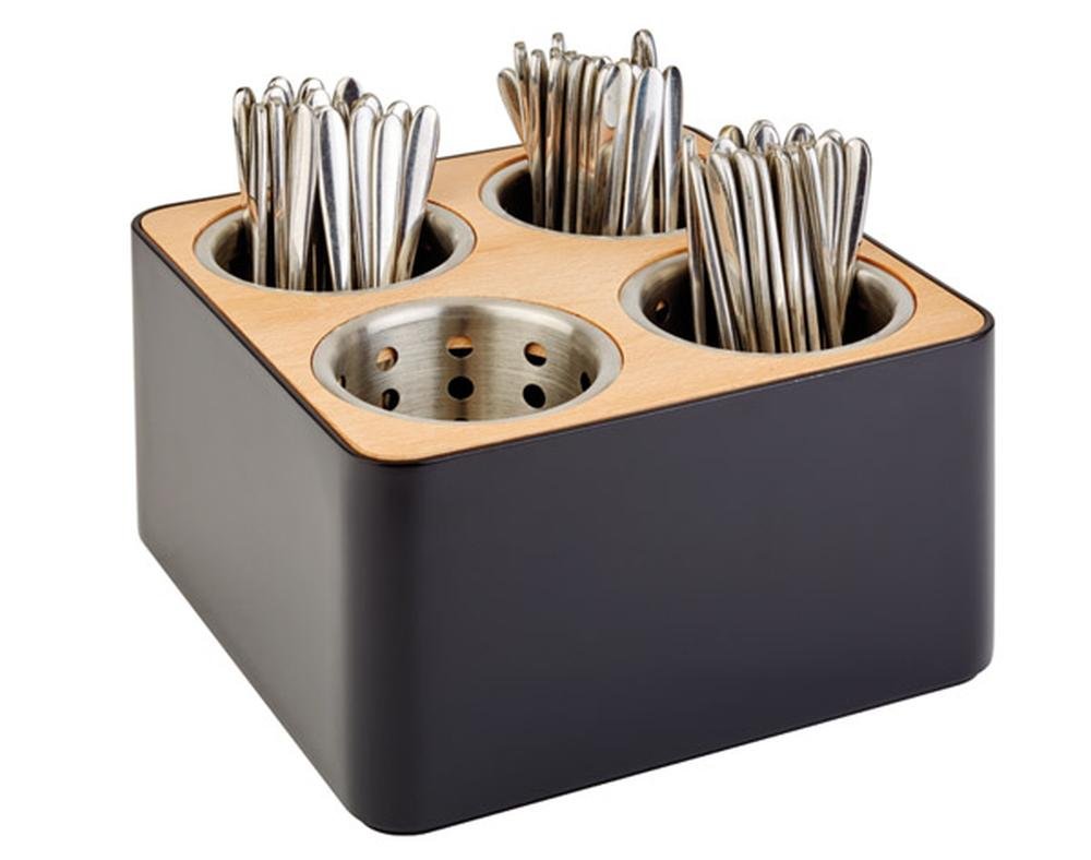 APS Besteckbehälter, Besteckkasten, Besteckbehältnis, 4 Löcher inkl. 4 Edelstahl Köcher, schwarz und