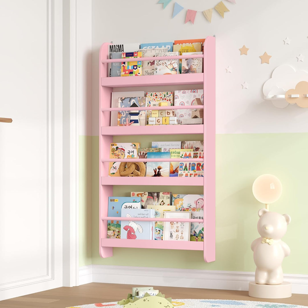 FOREHILL Bücherregal Kinder, Wandregal mit 4 Ablagen, Kinderregal für Bücher Spielzeug, Hängeregal D