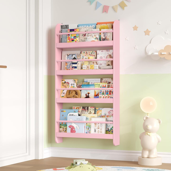 FOREHILL Bücherregal Kinder, Wandregal mit 4 Ablagen, Kinderregal für Bücher Spielzeug, Hängeregal D