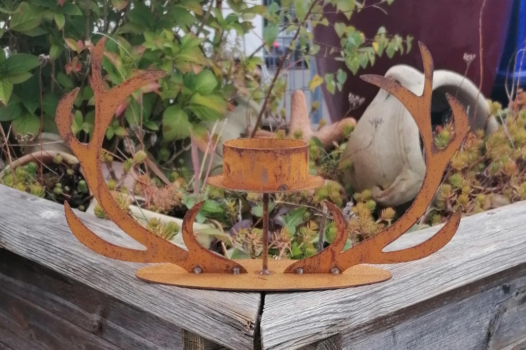 NEU !! Kerzenleuchter Geweih ca. 30 cm breit aus Metall Edelrost Rost Weihnachten Deko Advent Herbst