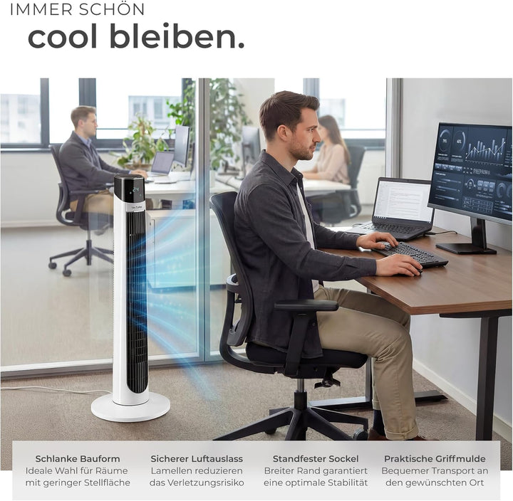 TecTake® Turmventilator, 93 cm, extrem leise, energiesparend, 90° Schwenkfunktion, 3 Modi, 3 Stufen,
