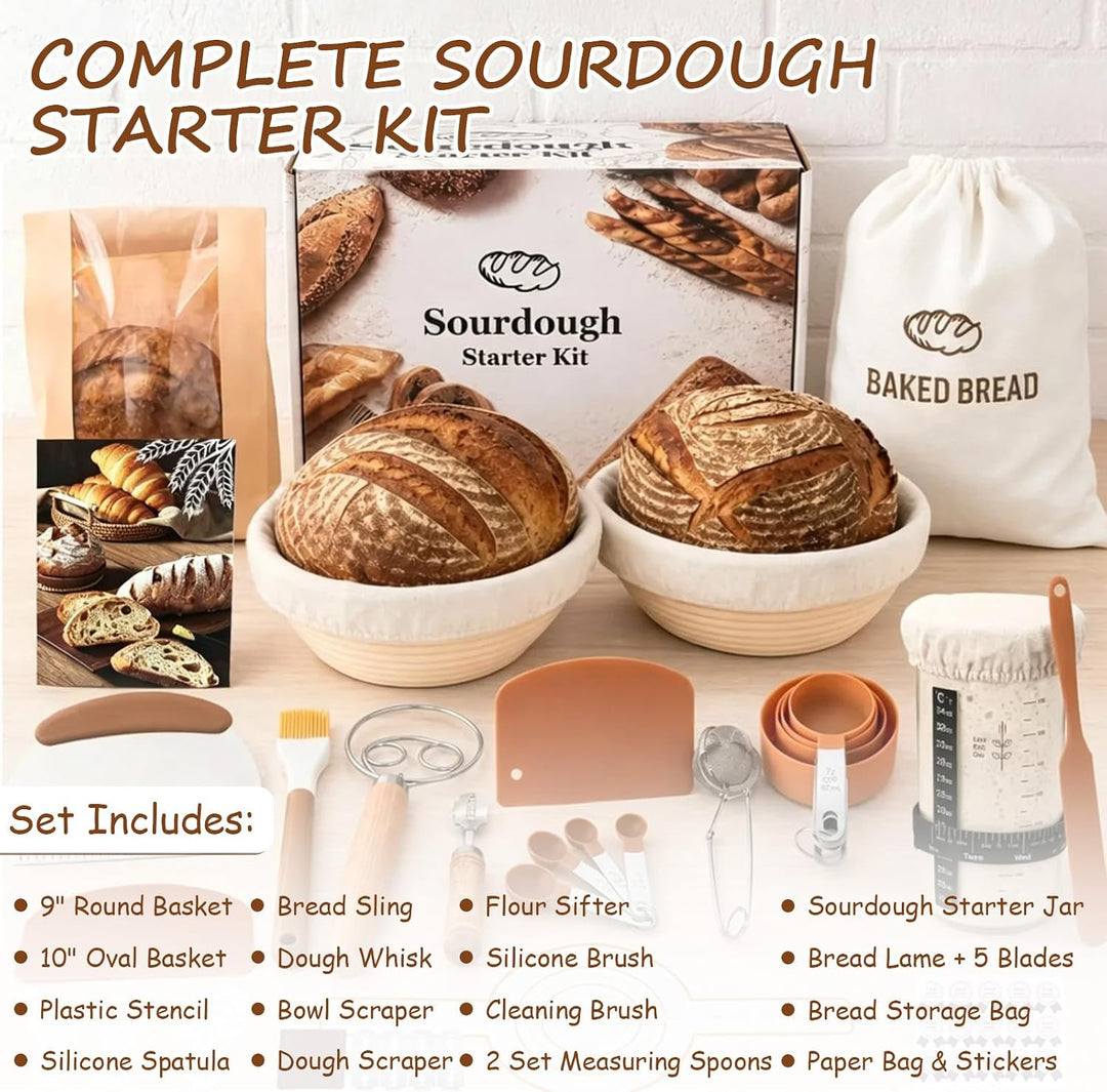 Sauerteig Starter Set, Gärkorb Brot Backen Zubehör mit Runder und ovaler Gärkörbchen, Komplettset Br
