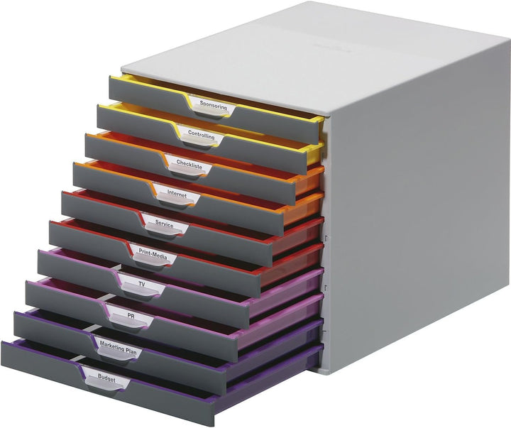 Durable Schubladenbox A4 (Varicolor) 10 Fächer, mit Etiketten zur Beschriftung, mehrfarbig, 761027,