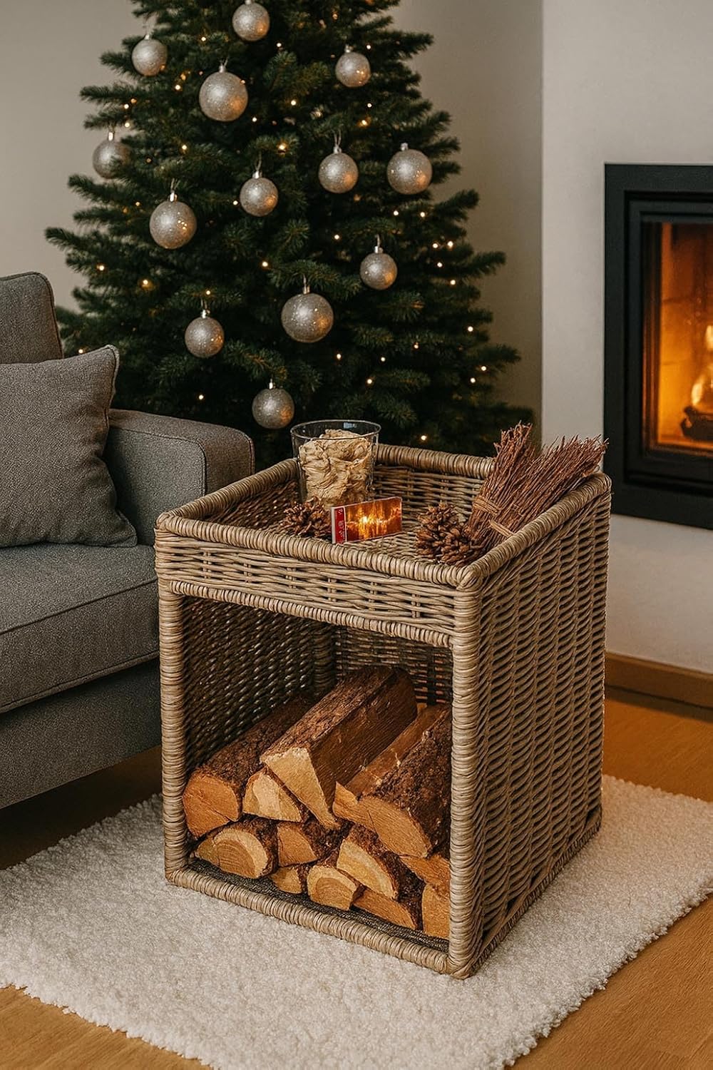 Kobolo Kaminholzregal für Kaminholz - mit Ablagefläche - Rattan grau - 50x50x70 cm