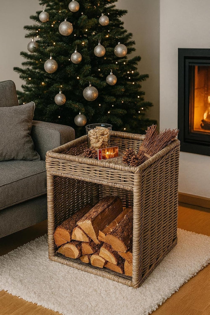 Kobolo Kaminholzregal für Kaminholz - mit Ablagefläche - Rattan grau - 50x50x70 cm