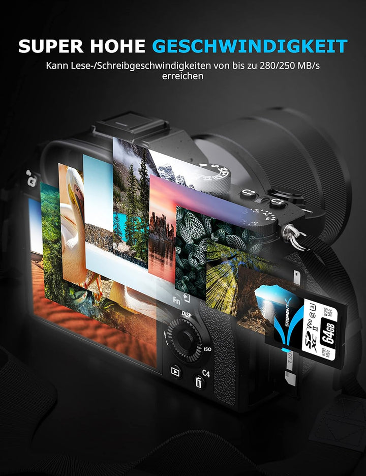 SABRENT SD Karte 64GB v90, sdxc Card uhs ii, SD Speicherkarte Class 10, u3, L280MB/s S250MB/s Full H