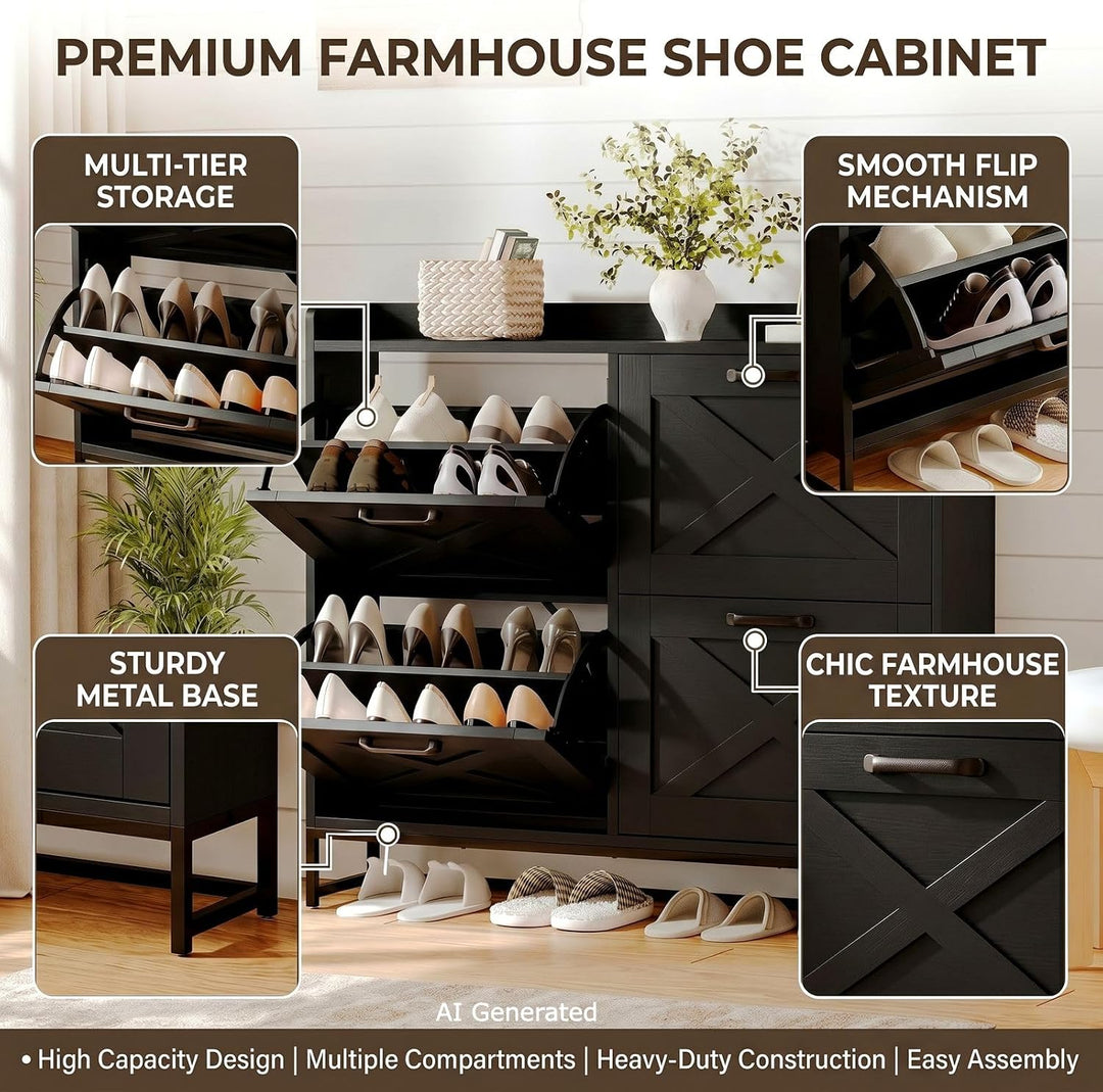 Schuhschrank 4 Klappen, 120x100x24 cm, stabilem Metallfuss, Schwarz | verstellbare Schuhablage für 1