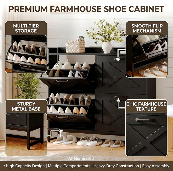 Schuhschrank 4 Klappen, 120x100x24 cm, stabilem Metallfuss, Schwarz | verstellbare Schuhablage für 1