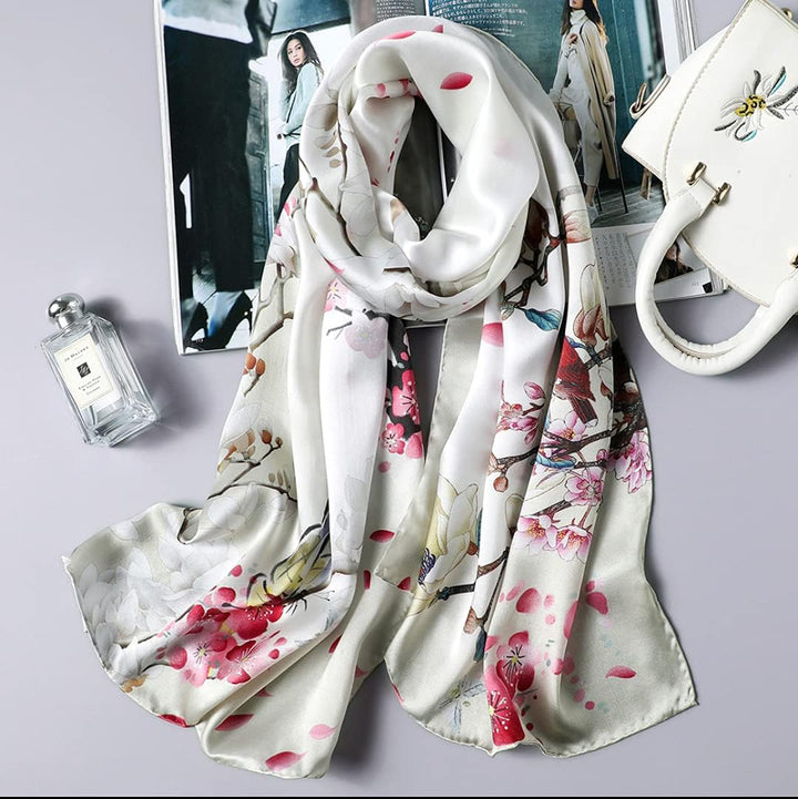 ANDANTINO Damen Lang Schals 42 Beige-blumen und Vögel, 42 Beige-blumen und Vögel