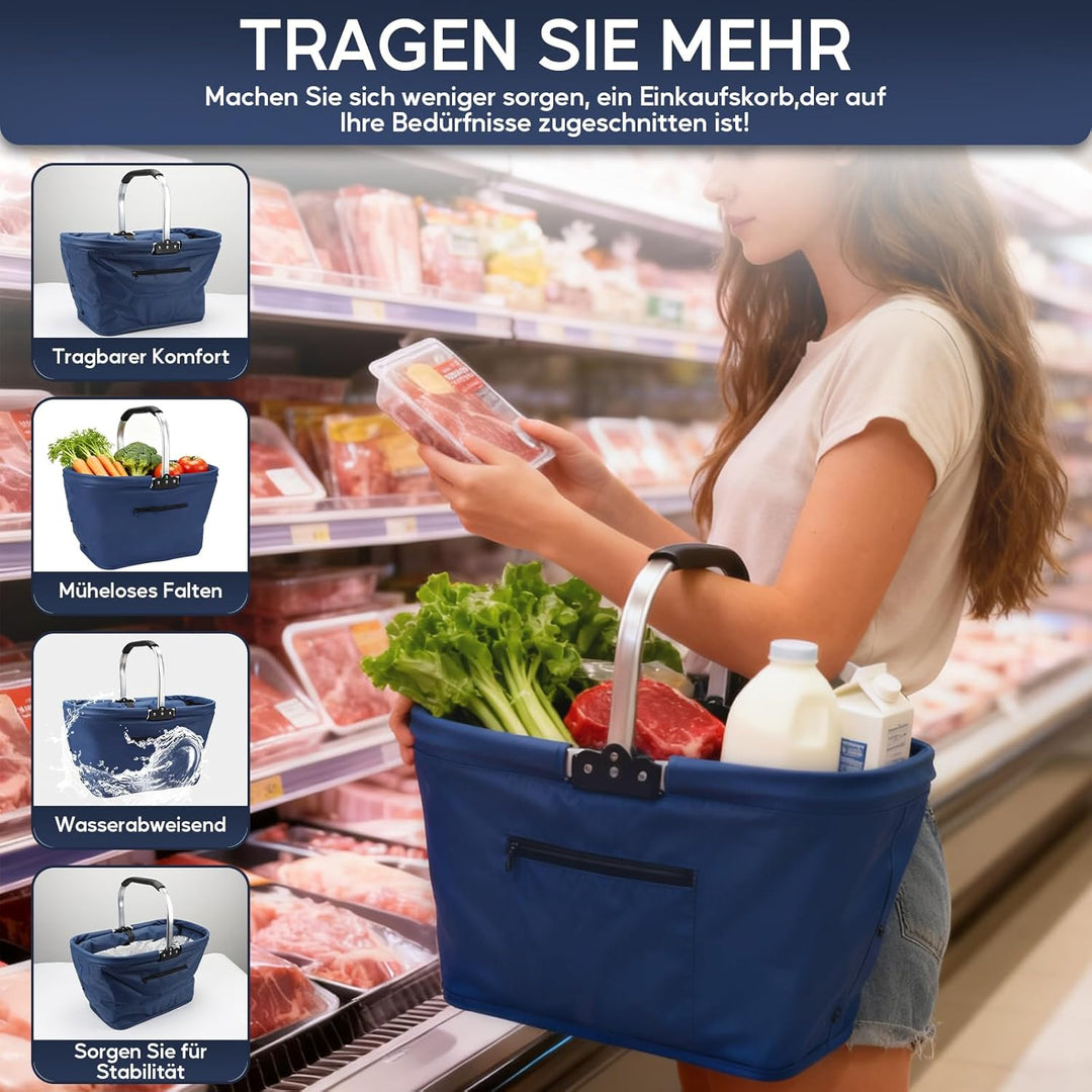 35L Faltbar Einkaufskorb, Tragekorb Picknickkorb mit Gepolsterten Griffen, Praktischer Klappkorb Ein