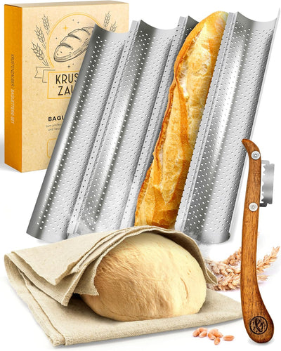 KRUSTENZAUBER Baguette Backform Antihaft inkl. Bäckerleinen u. Bäckermesser - 4er Baguette-Backblech