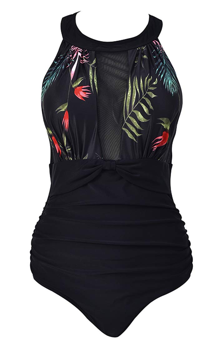 VILOREE Damen Schlankheits Badeanzug Raffung Einteiler High Neck Bademode Strandmode M Blumen 