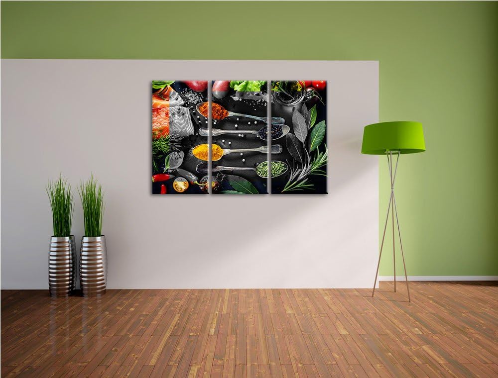 Gewürzmischung auf Löffeln schwarz/weiss 3-Teiler Leinwandbild 120x80 Bild auf Leinwand, XXL riesige