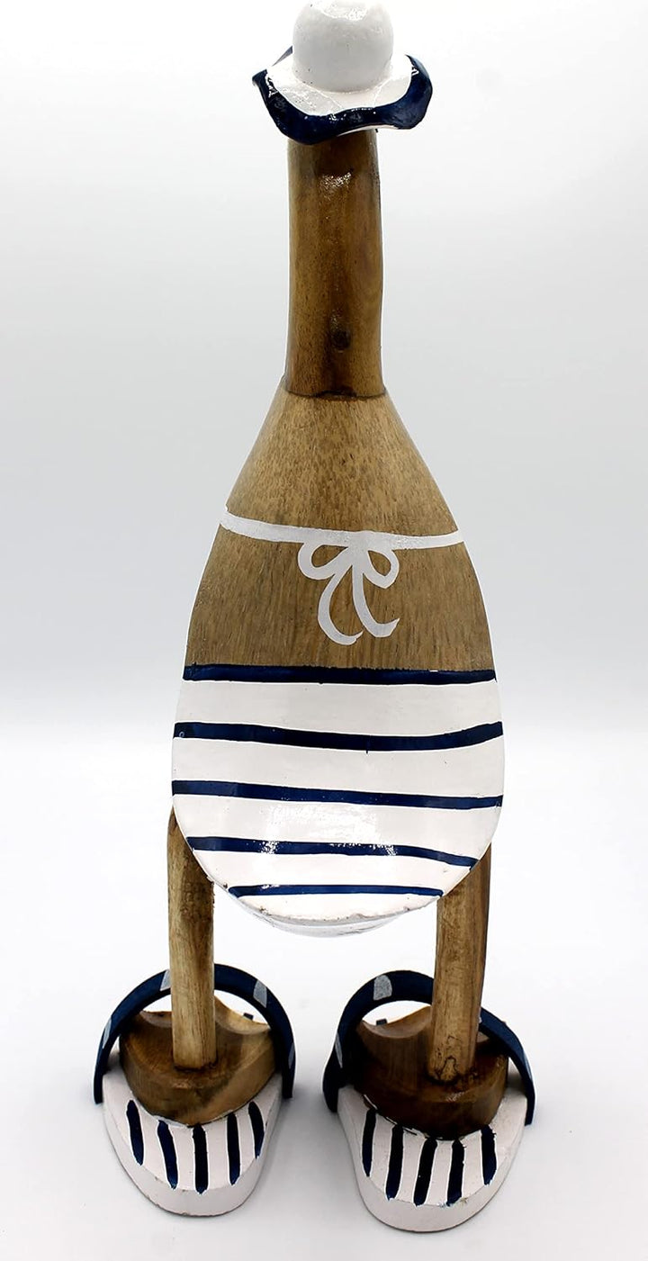 Deko Ente zur Dekoration Laufente aus Holz mit Bikini 27 cm blau Weiss Geringelt