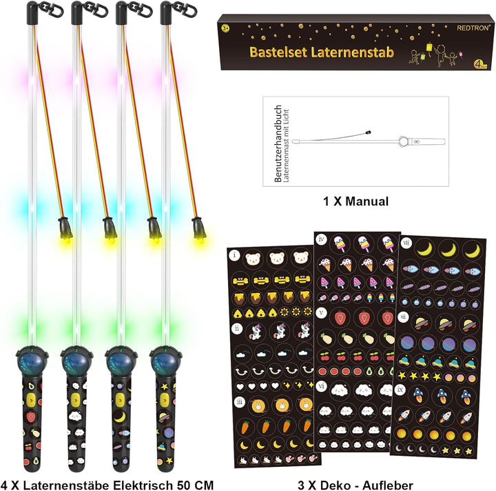 REDTRON 4er LED Laternenstab Elektrisch 50cm für St Martin,Sankt Martin Laterne Kinder Elektrischer
