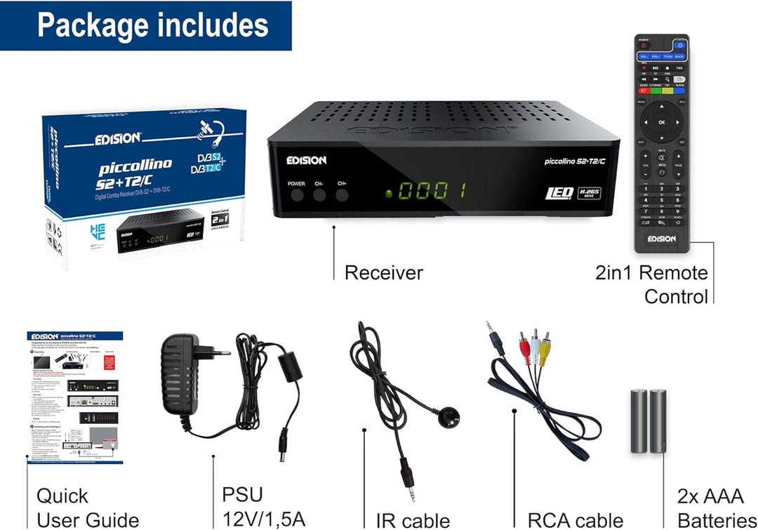 Edision PICCOLLINO S2+T2/C Combo Receiver H.265/HEVC (DVB-S2, DVB-T2, DVB-C) Full HD USB schwarz Sin