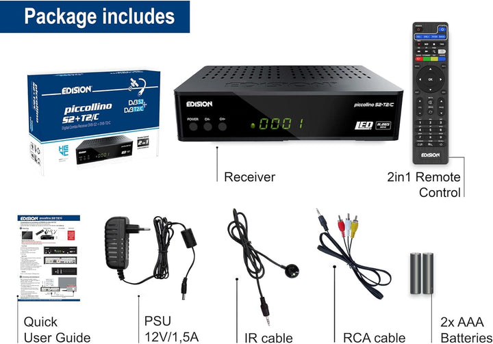 Edision PICCOLLINO S2+T2/C Combo Receiver H.265/HEVC (DVB-S2, DVB-T2, DVB-C) Full HD USB schwarz Sin