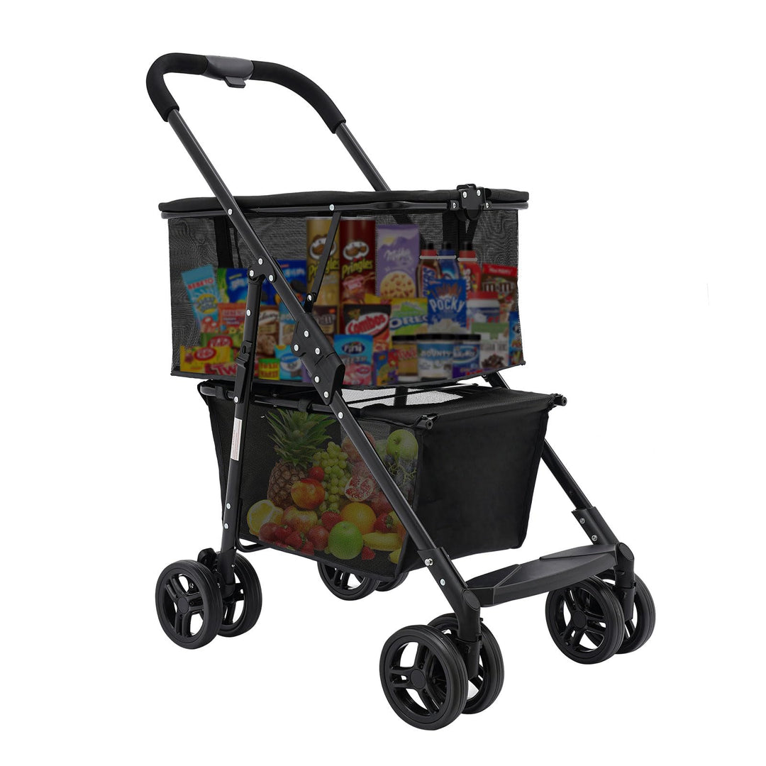 Bollerwagen Klappbarer Warenkorb 50kg Tragkraft 2 Ebenen,Abnehmbare Handtasche 4 Räder,Zusammenklapp