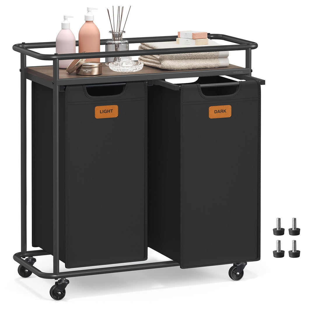 VASAGLE Wäschesammler mit Rollen, Wäschekorb 2 Fächer, 100 L, Wäschesortierer mit Ablage, Wäschewage