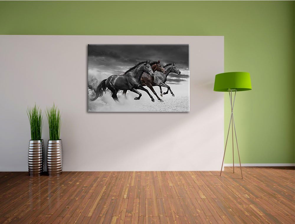 drei Westernpferde im Sand schwarz/weiss Format: 100x70 auf Leinwand, XXL riesige Bilder fertig gera