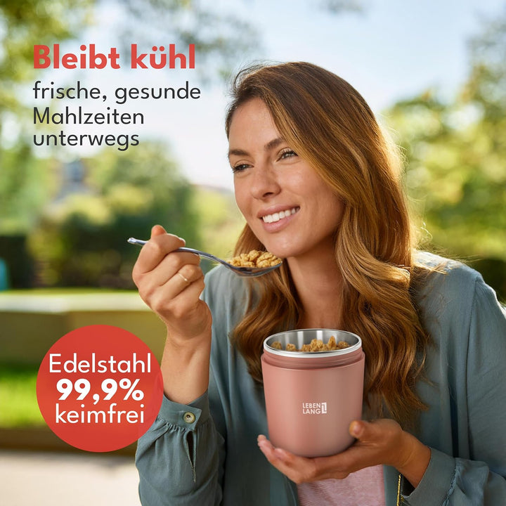 LEBENLANG Müslibecher To Go mit Löffel - Isolierende Edelstahlinnenwand & 650ml I Müslibecher Müsli