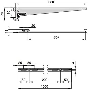 Emuca - Wandbefestigungsschienen und Jagmet-Regalträger, 380, Weiss, Stahl 380mm Profil 1m + Stützen