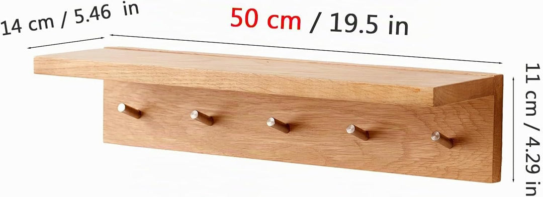 Garderobenleiste Holz 50cm, Garderobenhaken mit 5 Haken Wandgarderobe mit Ablage Schlüsselbrett mit