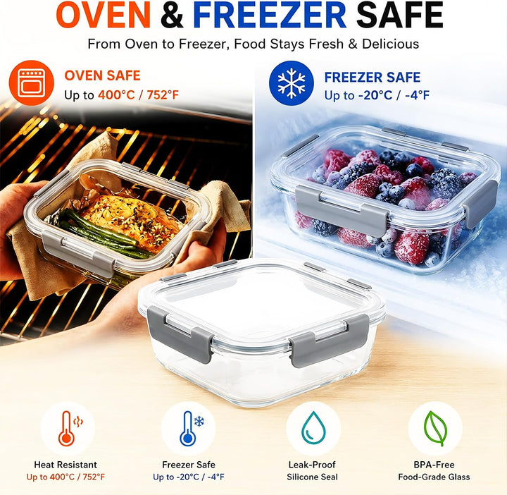 Glasbehälter mit Deckel, 2-teilig Meal Prep Boxen &amp; Frischhaltedosen aus Borosilikatglas, BPA-frei &amp;