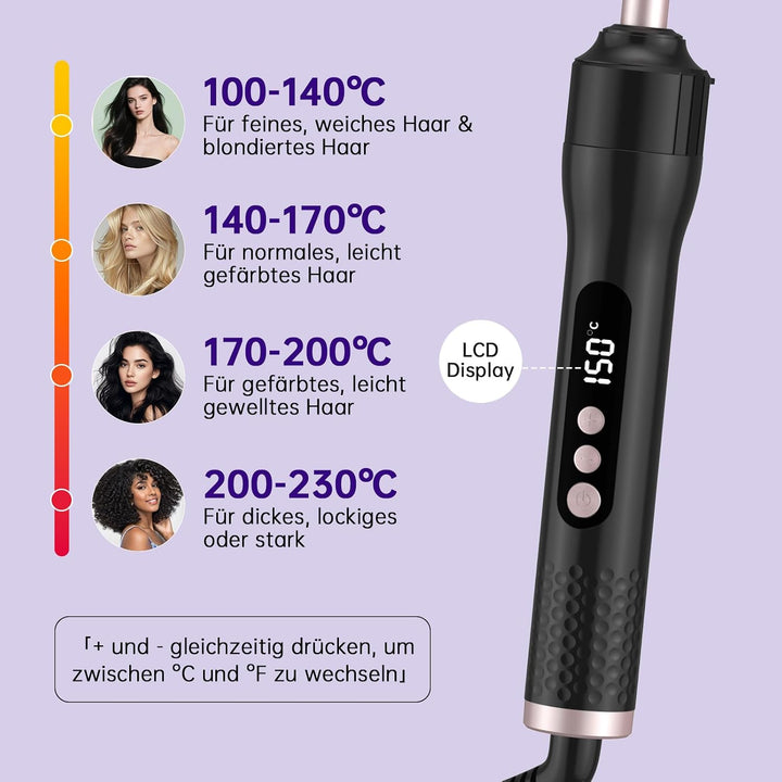 Lockenstab Set, 30s Schnellaufheizung, 13 Temperaturstufen 100-230°C (9 mm) | 360° drehbares Anti-Ta